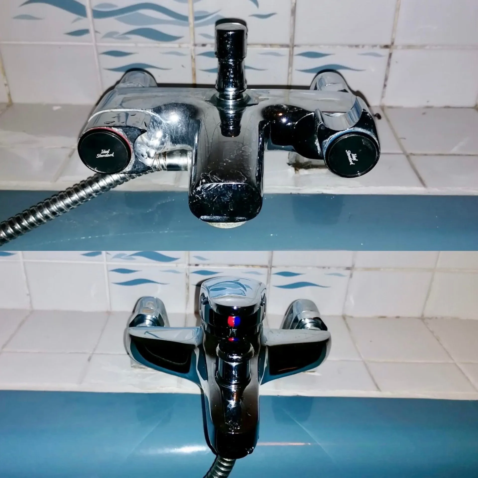 Boven de foto een oude kraan en onderaan een nieuwe kraan die geïnstalleerd wordt, een voorbeeld van karweiwerken.